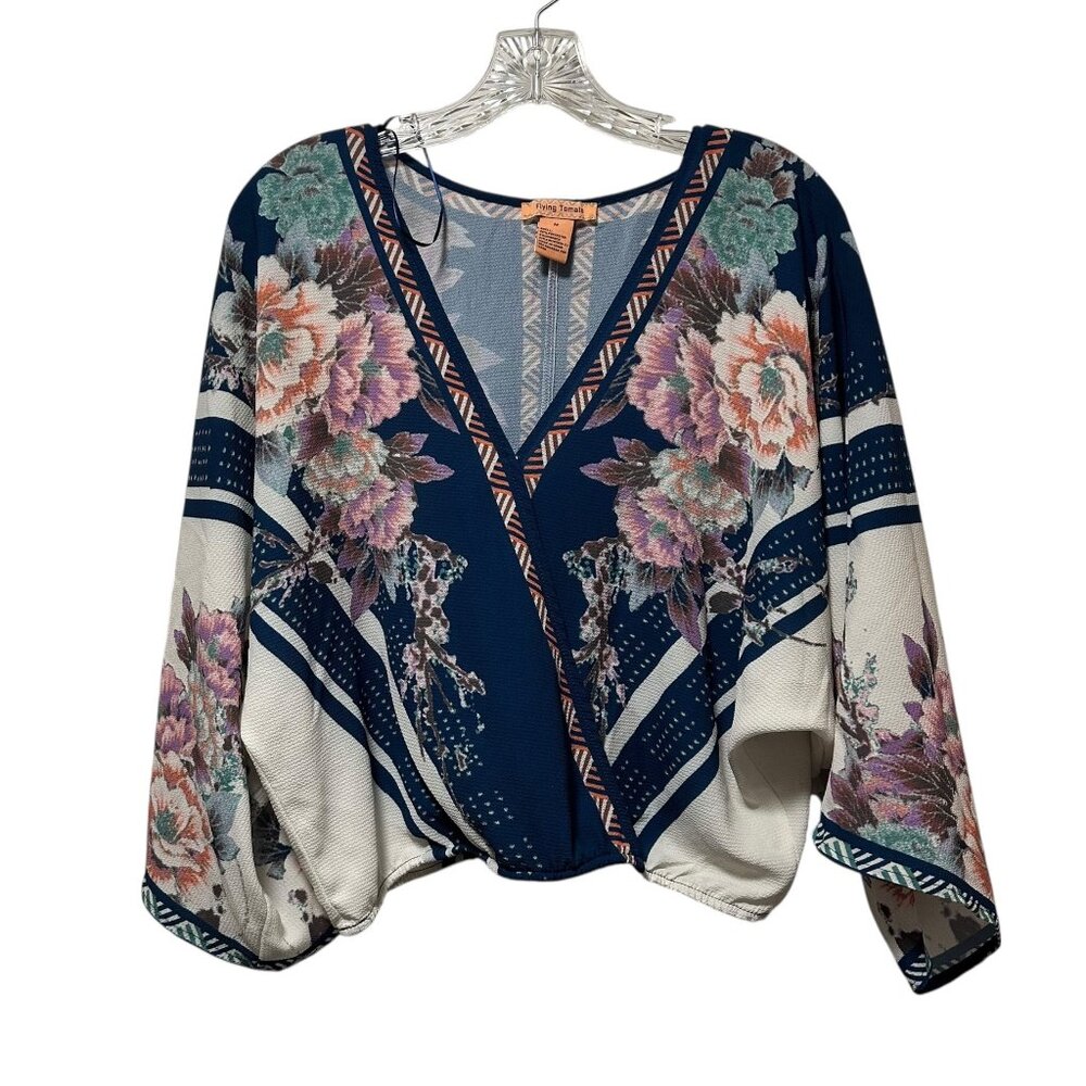 Flying Tomato Blue and Pink Floral Wrap Blouse with Flutter Sleeves M